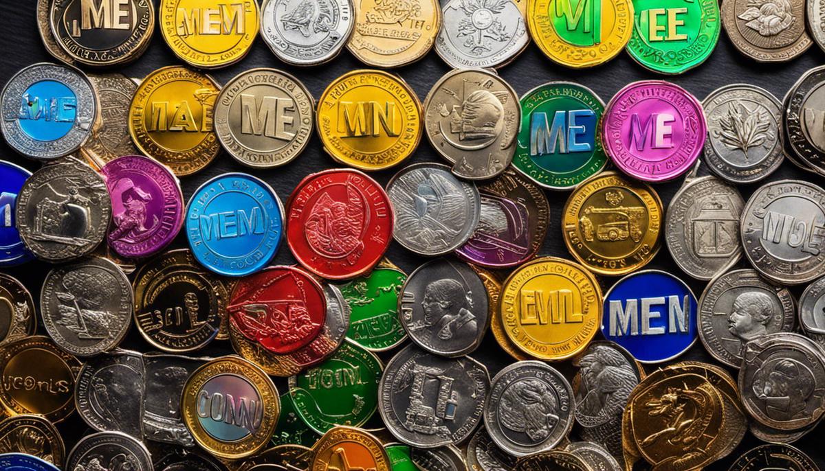 An image of various internet memes with the text 'Meme Coins' in colorful, bold letters.