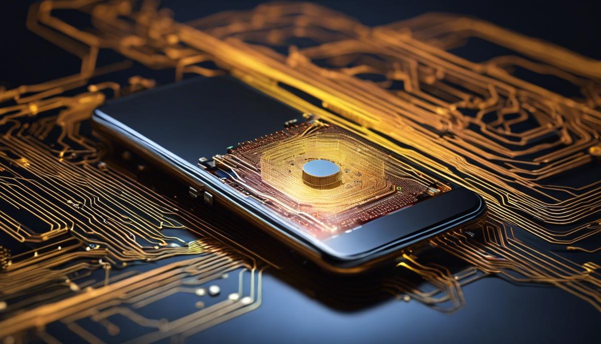 An image showing a smartphone connected to a quantum circuit, symbolizing the integration of quantum computing in AI smartphones.